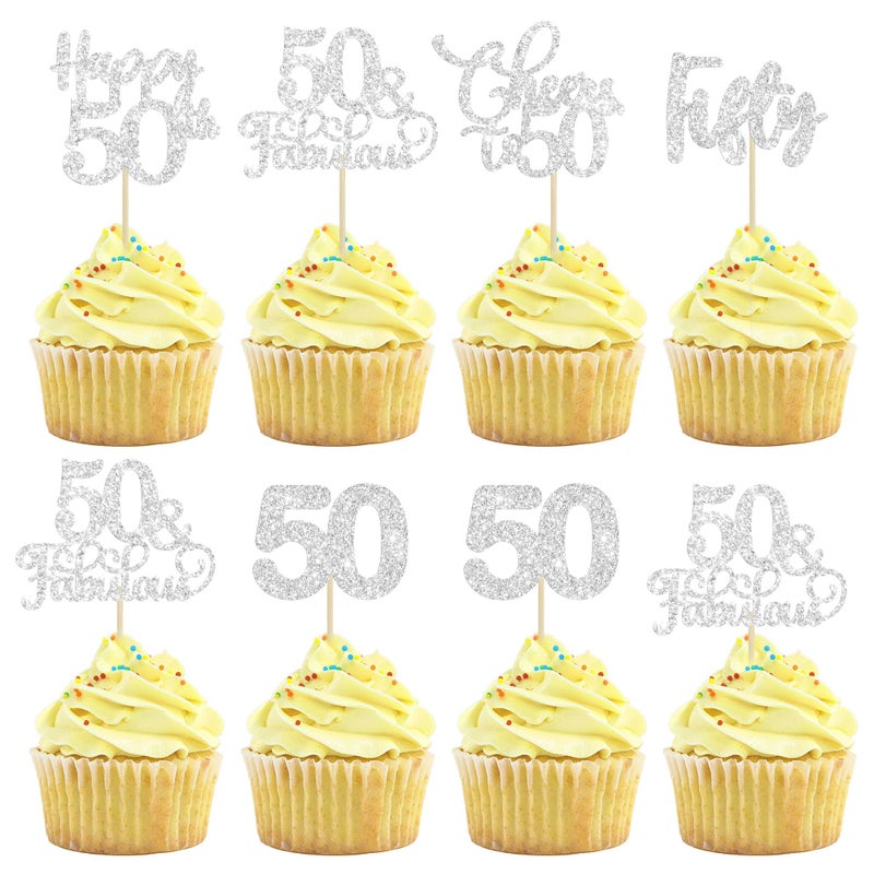 Ephlyn 30 Pack Happy 50th Birthday Cupcake Toppers Silver Glitter Fifty Cheers to 50 Years Old Birthday Cupcake Picks for 50th Birthday Anniversary Party Cake Decorations Supplies - Image 1