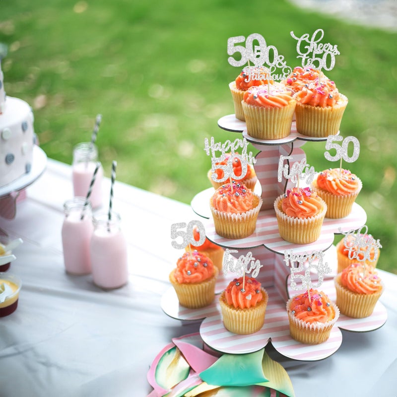 Ephlyn 30 Pack Happy 50th Birthday Cupcake Toppers Silver Glitter Fifty Cheers to 50 Years Old Birthday Cupcake Picks for 50th Birthday Anniversary Party Cake Decorations Supplies - Image 5