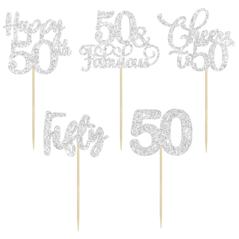 Ephlyn 30 Pack Happy 50th Birthday Cupcake Toppers Silver Glitter Fifty Cheers to 50 Years Old Birthday Cupcake Picks for 50th Birthday Anniversary Party Cake Decorations Supplies - Image 3