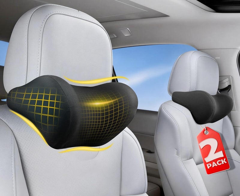 Allaboutsla 2-Pack Ergonomic Memory Foam Car Headrest Pillow for Neck Pain Relief - Black - Image 1