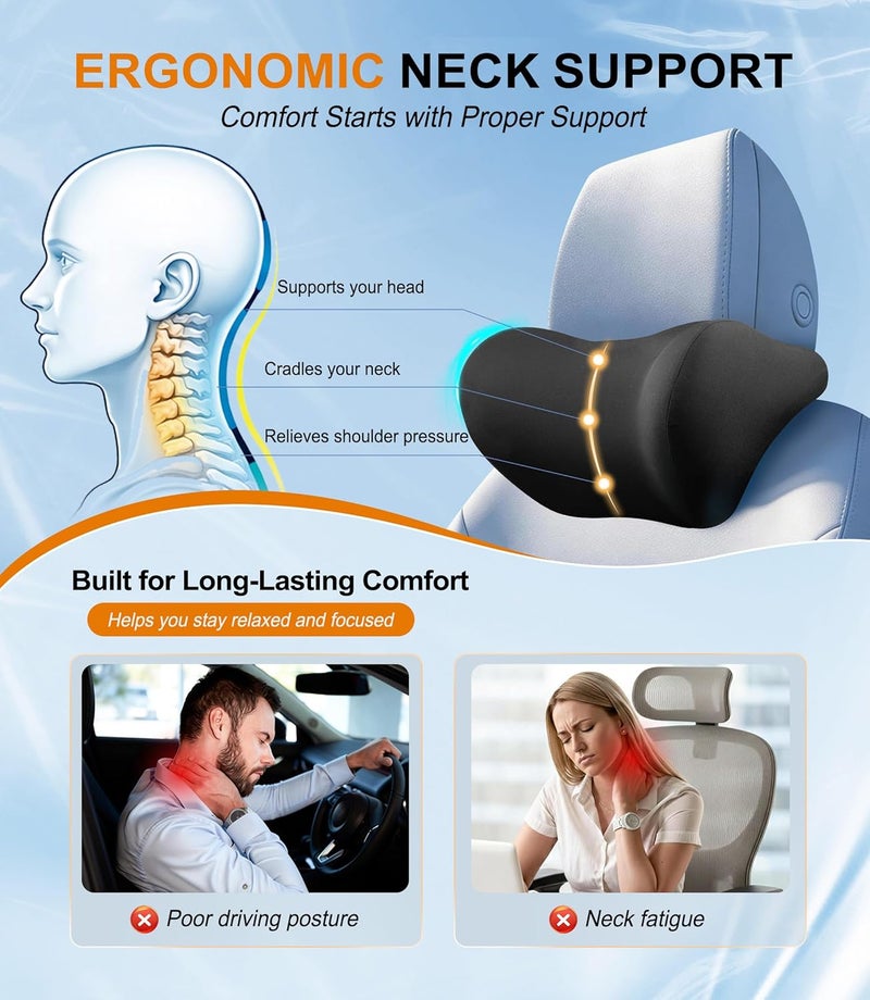Allaboutsla 2-Pack Ergonomic Memory Foam Car Headrest Pillow for Neck Pain Relief - Black - Image 3