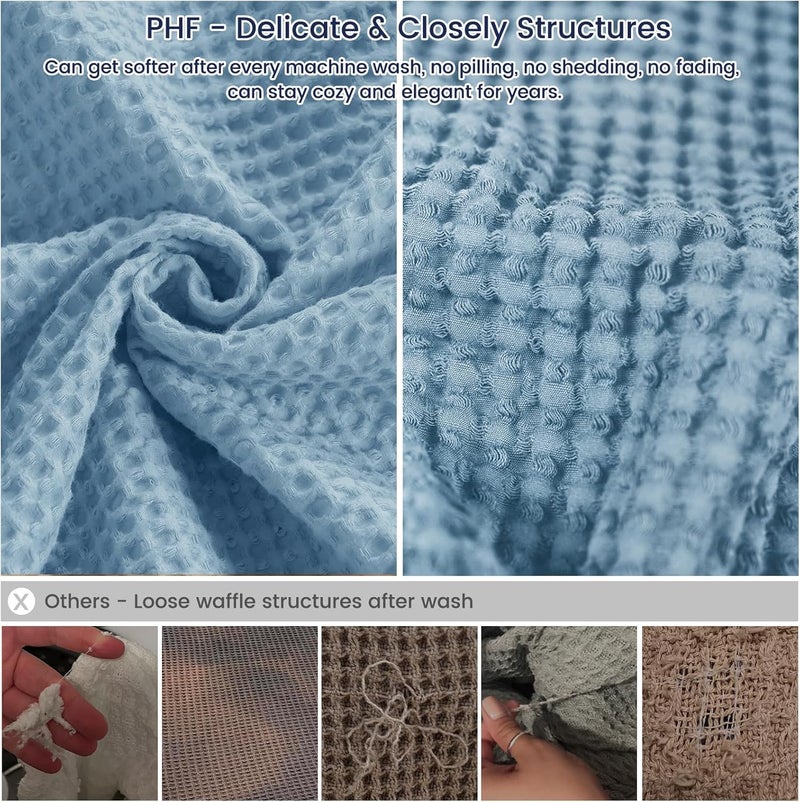 PHF 100% Cotton Waffle Weave Blanket Oversized King Size 120"x 120"- Lightweight Washed Soft Breathable - 10'x 10' Huge Extra Large Big for Couch Bed Sofa - Aesthetic Home Decoration Gift - Dusty Blue - Image 5