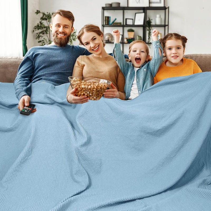 PHF 100% Cotton Waffle Weave Blanket Oversized King Size 120"x 120"- Lightweight Washed Soft Breathable - 10'x 10' Huge Extra Large Big for Couch Bed Sofa - Aesthetic Home Decoration Gift - Dusty Blue - Image 1
