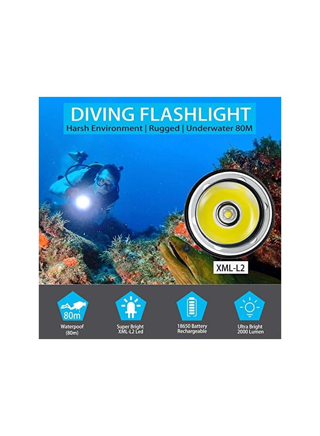 promass Diving Flashlight Dive Torch 2000 Lumen Waterproof Underwater XM-L2 LED Submarine Lights Holder with Rechargeable Battery,Charger for Under Water Deep Sea Cave at Night - Image 3