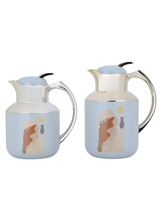 Alsaif Gallery Al Saif Gallery Florya Pro thermos set, 0.5/1 liter, 2 pieces, thermal glass inner shell, steel outer shell - gray with gold - Image 1