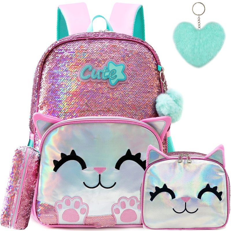 Meetbelify Cute Backpack for Girls Pink Cat School Backpacks Kids Sequin Bookbag for Elementary Kindergarten Students with Lunch Box Pencil Case for Girls 512 Years Old - Image 2