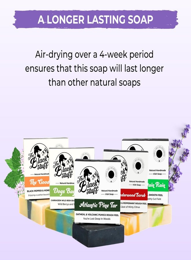 The Black Stuff All Natural Bar Soap for Men Handmade Cold Process with Organic Ingredients and Essential Oils Mens Soap - Pine Tar, Citrus Cedarwood, Irish Mountain Rain, Good Room, Dogs Bay Beach Pack of 5 - Image 2