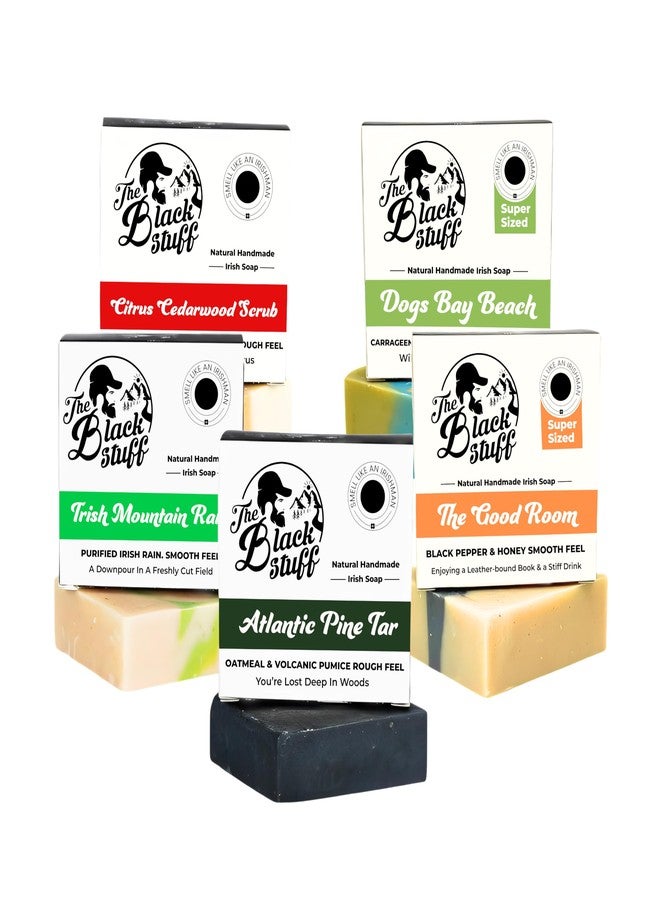 The Black Stuff All Natural Bar Soap for Men Handmade Cold Process with Organic Ingredients and Essential Oils Mens Soap - Pine Tar, Citrus Cedarwood, Irish Mountain Rain, Good Room, Dogs Bay Beach Pack of 5 - Image 1