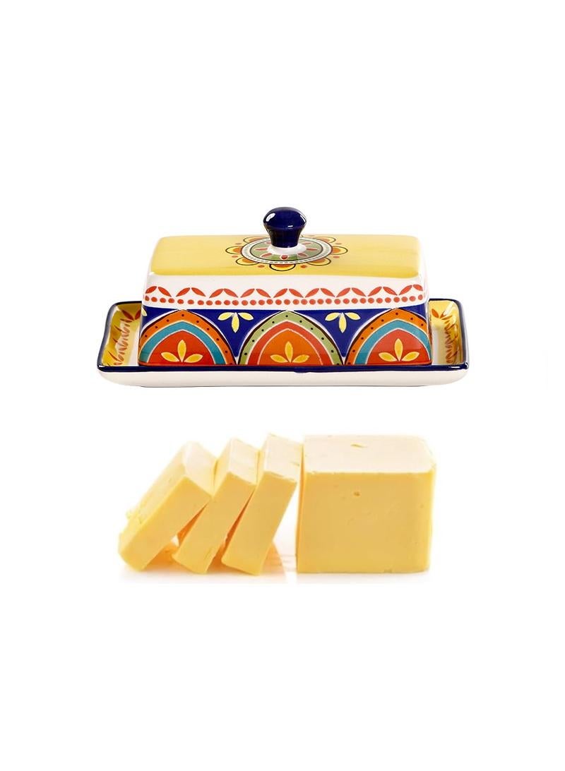 الأزرق جي دبليو البوهيمي نمط خمر الجبن حاوية زبدة صينية مرسومة باليد السيراميك مع غطاء زبدة صينية صينية زبدة صينية النمط الأوروبي يستخدم رف زبدة صينية لتخزين الزبدة البيضاء , مناسبة لأنّ مطبخ , جدّا مناسبة لأنّ أسرة مطبخ - Image 1