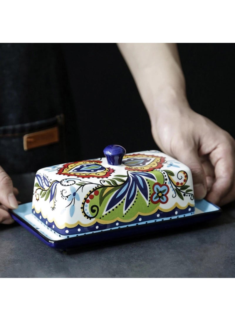 الأزرق جي دبليو البوهيمي نمط خمر الجبن حاوية زبدة صينية مرسومة باليد السيراميك مع غطاء زبدة صينية صينية زبدة صينية النمط الأوروبي يستخدم رف زبدة صينية لتخزين الزبدة البيضاء , مناسبة لأنّ مطبخ , جدّا مناسبة لأنّ أسرة مطبخ - Image 5