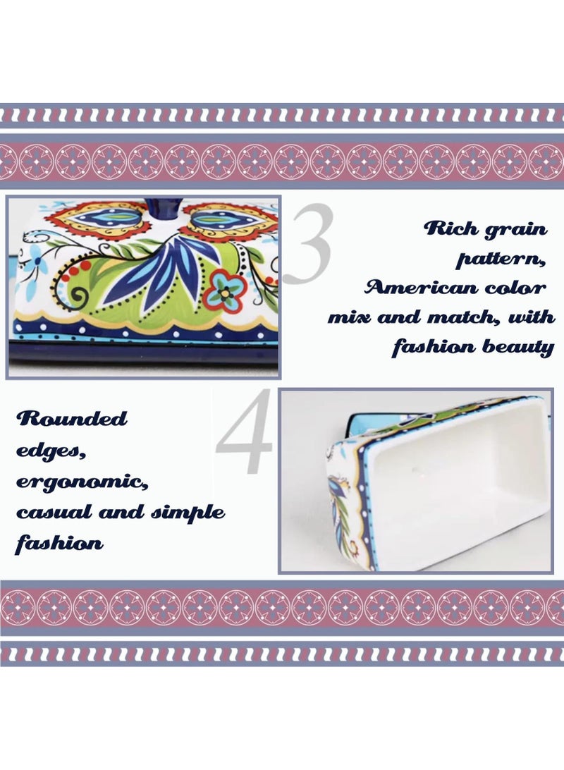 الأزرق جي دبليو البوهيمي نمط خمر الجبن حاوية زبدة صينية مرسومة باليد السيراميك مع غطاء زبدة صينية صينية زبدة صينية النمط الأوروبي يستخدم رف زبدة صينية لتخزين الزبدة البيضاء , مناسبة لأنّ مطبخ , جدّا مناسبة لأنّ أسرة مطبخ - Image 3