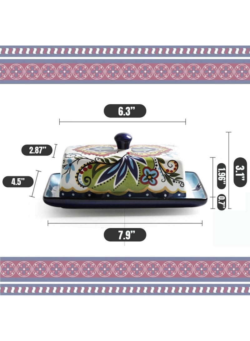 الأزرق جي دبليو البوهيمي نمط خمر الجبن حاوية زبدة صينية مرسومة باليد السيراميك مع غطاء زبدة صينية صينية زبدة صينية النمط الأوروبي يستخدم رف زبدة صينية لتخزين الزبدة البيضاء , مناسبة لأنّ مطبخ , جدّا مناسبة لأنّ أسرة مطبخ - Image 4