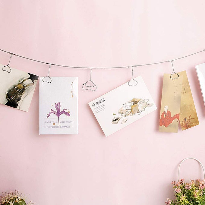 MultiPurpose Steel Wall Hanging Photo Display Cable Wire Rod String with 12 Clips for Hanging Photos Notes and Artworks Heart Shape Clip