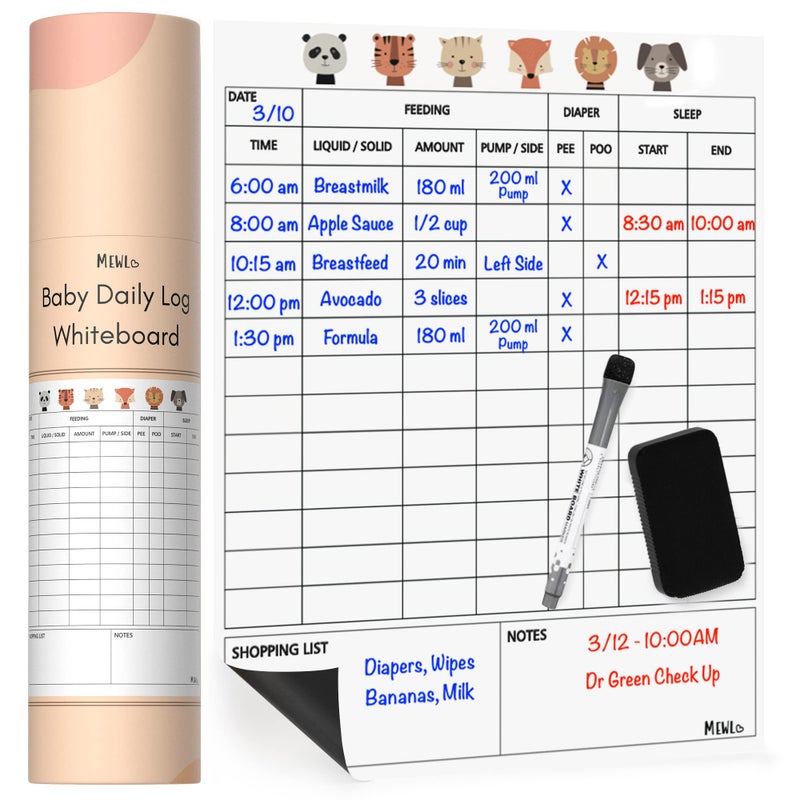 Mewl Baby Daily Log Whiteboard - Reusable Baby Tracker to Log Feeding, Diapers & Sleep - Newborn Baby Journal & Schedule Chart for New Parents, Nanny, Babysitter - Pregnancy & New Mom Gift - Image 1