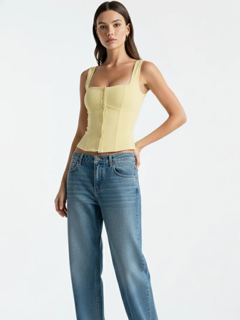 Outzidr  Yellow Shoulder Strap Front Buttoned Tank for Women | Best Price UAE