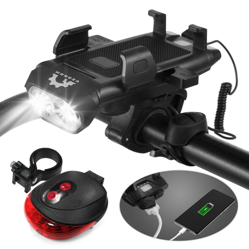 YSANAM Bike Light Set with Phone Holder 3000mAh Rechargeable Front Light - 3 Lighting Modes 130dB Horn 260° Wide Angle Taillight for Night Riding - Image 1