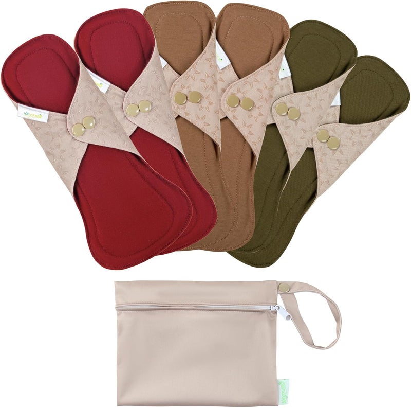 wegreeco 6 Pcs Reusable Menstrual Pads, Ultra Absorbent Cloth Pads for Heavy Flow, Sanitary Pads for Teens, Women, Nonslip, Inner Aqua, Burgundy, Coffee, Rose Gold Outer, S