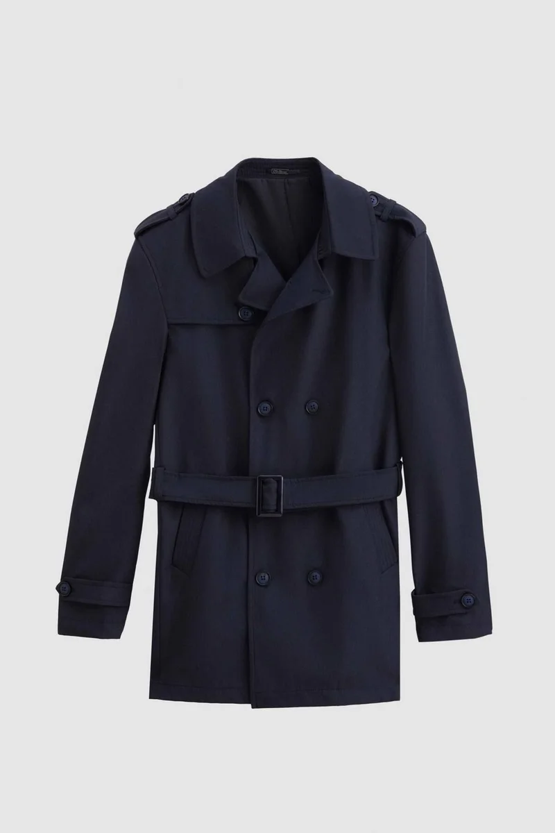 دي أس دامات Ds Damat Regular Fit Navy Blue Epaulette Waist Belted Overcoat/Trenckot 1HF08ORT00013