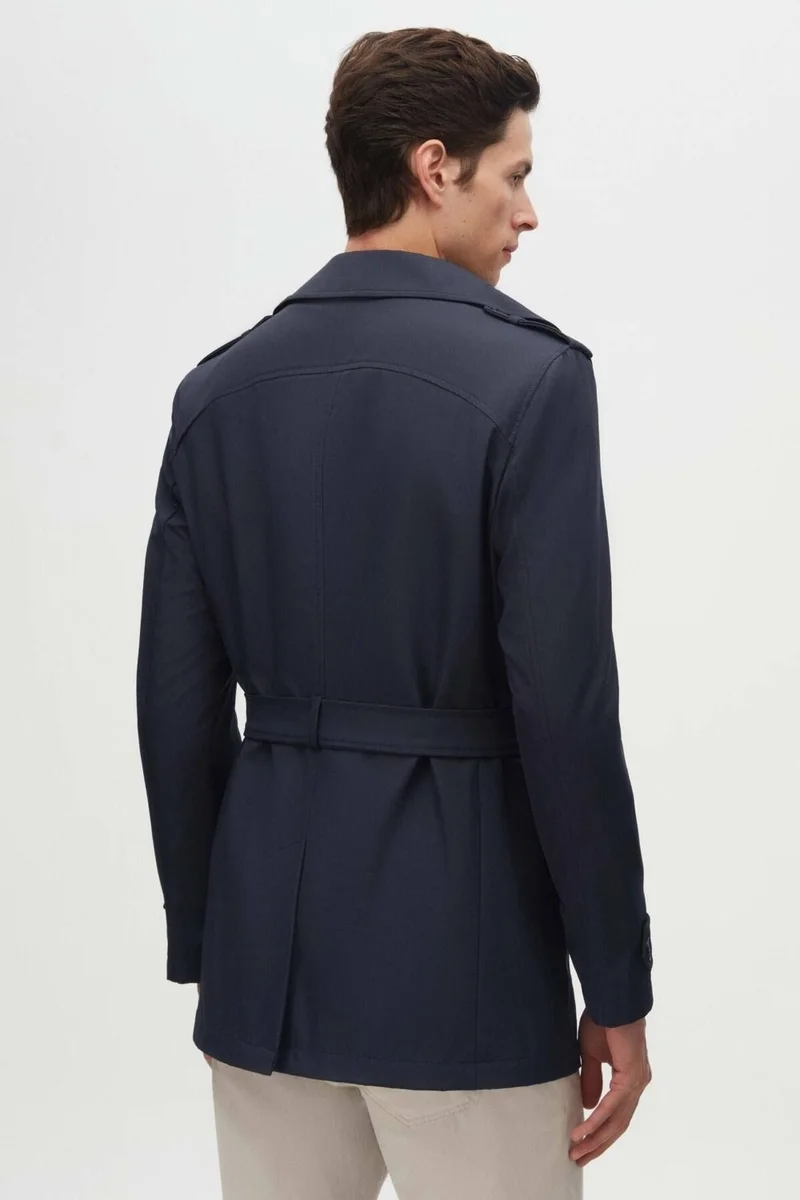 دي أس دامات Ds Damat Regular Fit Navy Blue Epaulette Waist Belted Overcoat/Trenckot 1HF08ORT00013