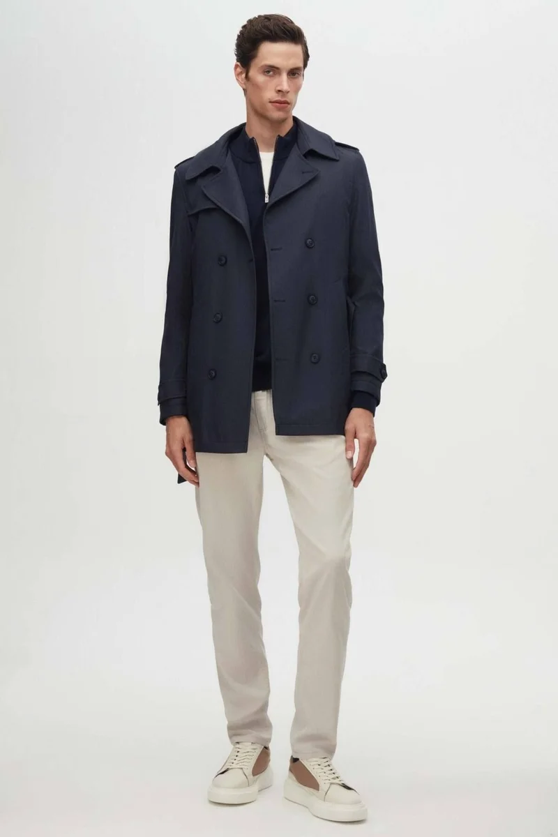 دي أس دامات Ds Damat Regular Fit Navy Blue Epaulette Waist Belted Overcoat/Trenckot 1HF08ORT00013