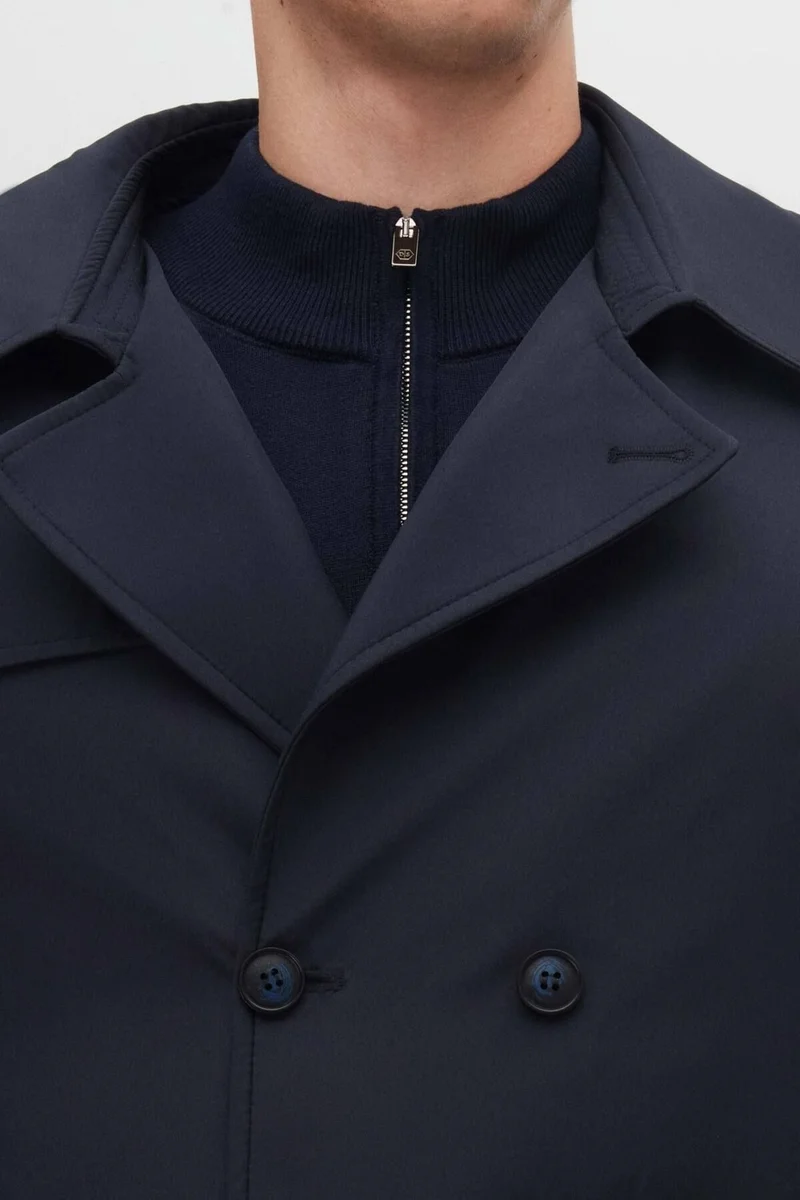دي أس دامات Ds Damat Regular Fit Navy Blue Epaulette Waist Belted Overcoat/Trenckot 1HF08ORT00013