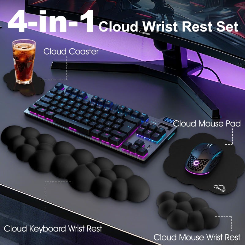Retuhapy Cloud Wrist Rest Keyboard Cushion, 4-in-1 Ergonomic Cloud Keyboard Wrist Rest and Mouse Pad Set with Memory Foam Arm Support for Palm, Cute Desk Accessory for PC Gaming Setup, Black - Image 2