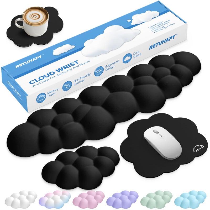 Retuhapy Cloud Wrist Rest Keyboard Cushion, 4-in-1 Ergonomic Cloud Keyboard Wrist Rest and Mouse Pad Set with Memory Foam Arm Support for Palm, Cute Desk Accessory for PC Gaming Setup, Black - Image 1