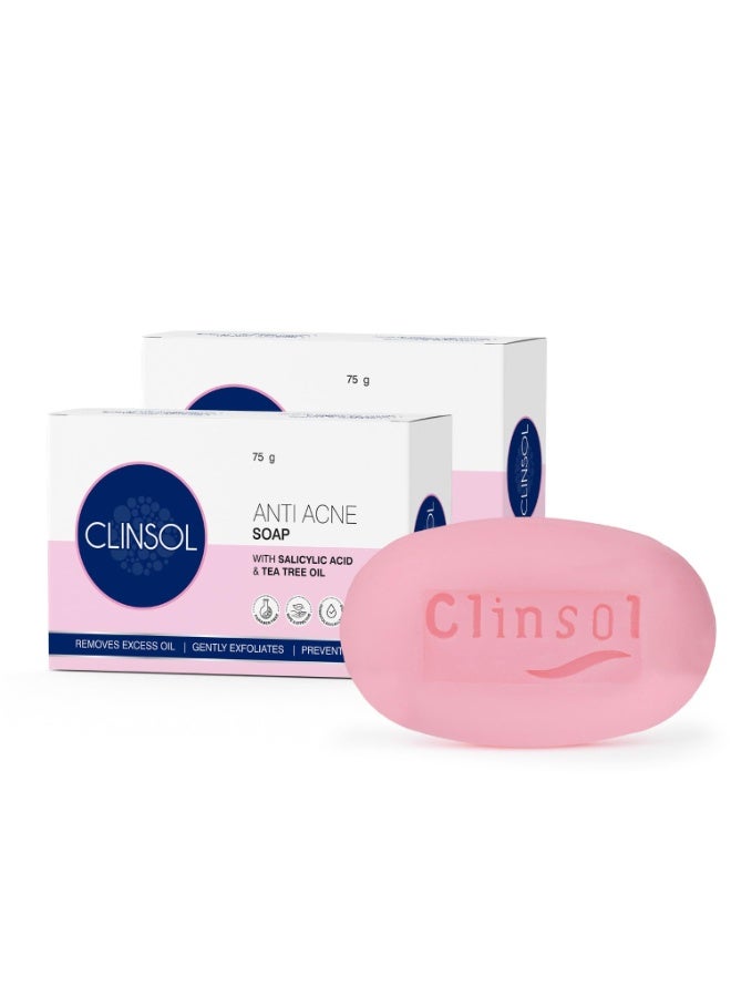 Leeford Clinsol Anti Acne Soap - 75g (Pack of 2) | With Tea Tree Oil & Vitamin E | Acne Soap for Men & Women | Treats & Prevents Acne, Controls Oil & Soothes Skin - Image 1