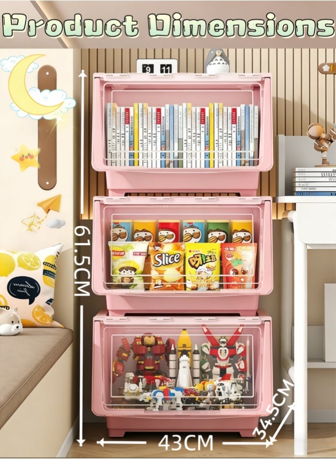 3-Layer Household Wheeled Storage Rack, Removable Baby Toys Organizer Bookshelf, Large Capacity Kindergarten Sorting Rack, Kids Toy Storage Rack Chest for Nursery, Playroom, Kindergarten Furniture (XY-8307-PK) - Image 3