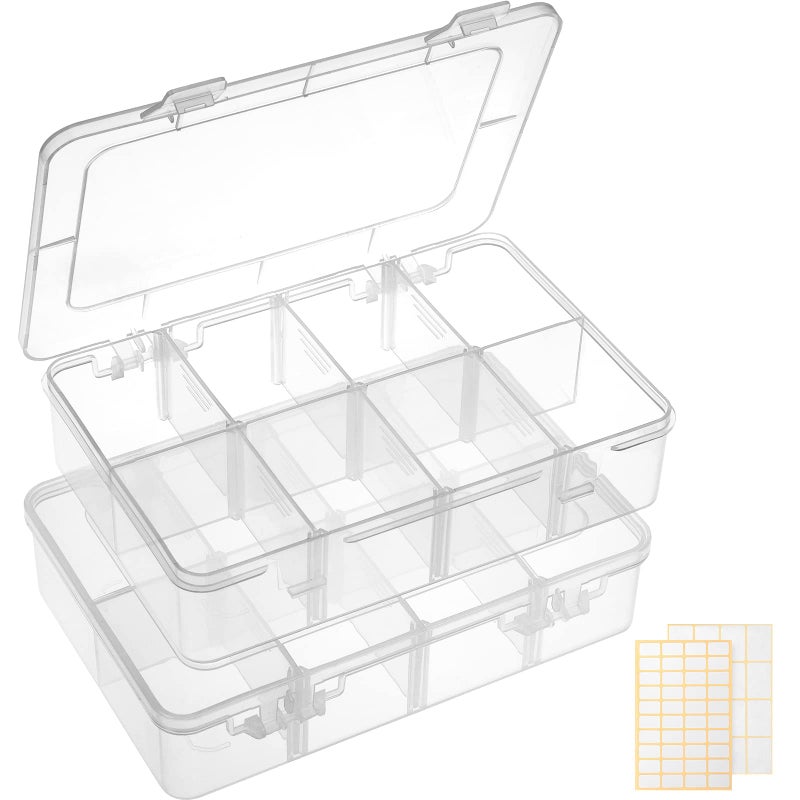 QUEFE 2 Pack 8 Grids Bead Organizers and Storage Plastic Organizer Box with Removable Dividers Tackle Box Organizer for Candies Snacks Electronics Jewelry Small Parts