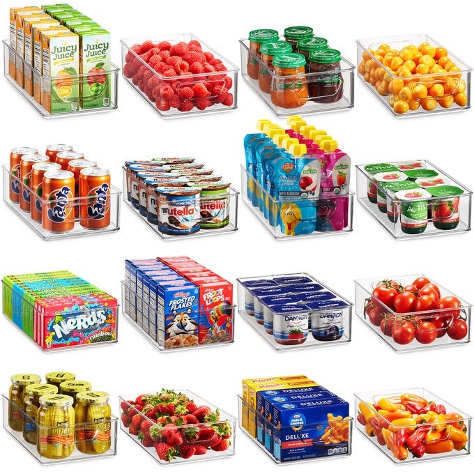 SET OF 16 REFRIGERATOR ORGANIZER BINS PLASTIC PANTRY ORGANIZATION AND STORAGE BASKETS STACKABLE FOOD FRIDGE ORGANIZERS WITH CUTOUT HANDLES FOR FREEZER KITCHEN COUNTERTOPS CABINETS