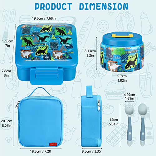 JXXM Bento Lunch Box for Kids With 8oz Soup thermo,Leak-proof Lunch Containers with 5 Compartment,thermo Food Jar and Lunch Bag, Food Containers for School (A-Blue(Dinosaur)) - Image 5