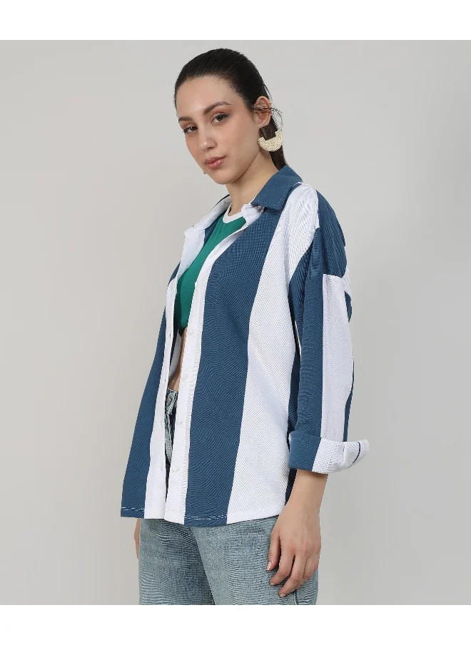 Campus Sutra Women's Cobalt Blue & Powder White Boxy Striped Shirt