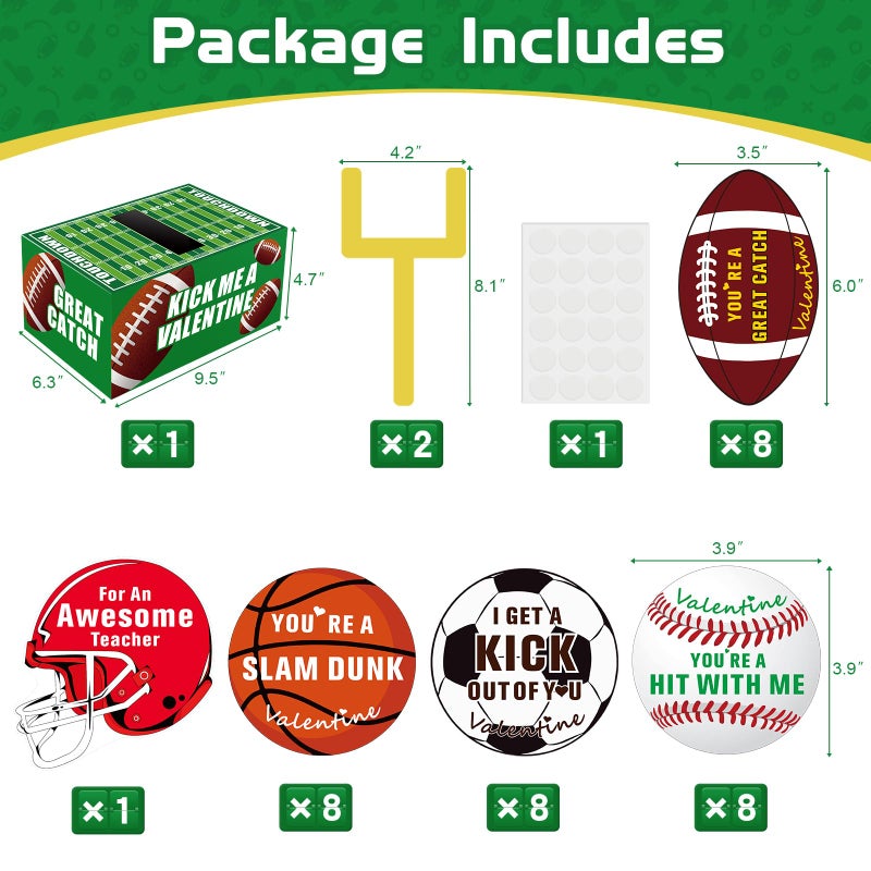 Gloween Valentines Day Boxes and Cards for Kids Classroom School Exchange, Great Valentines Gifts Party Favor Set for Boys Girls - 1 Football Box, 32 Sport Theme Valentine Cards, 1 Teacher Card - Image 3