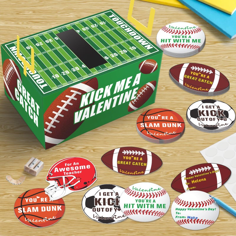 Gloween Valentines Day Boxes and Cards for Kids Classroom School Exchange, Great Valentines Gifts Party Favor Set for Boys Girls - 1 Football Box, 32 Sport Theme Valentine Cards, 1 Teacher Card - Image 2