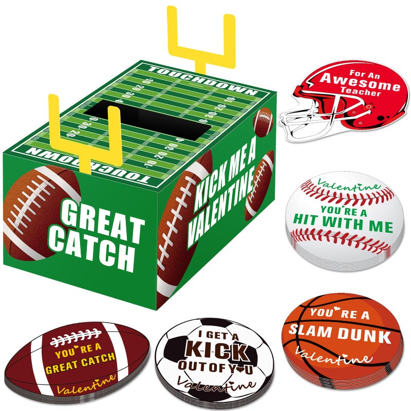 Gloween Valentines Day Boxes and Cards for Kids Classroom School Exchange, Great Valentines Gifts Party Favor Set for Boys Girls - 1 Football Box, 32 Sport Theme Valentine Cards, 1 Teacher Card - Image 1