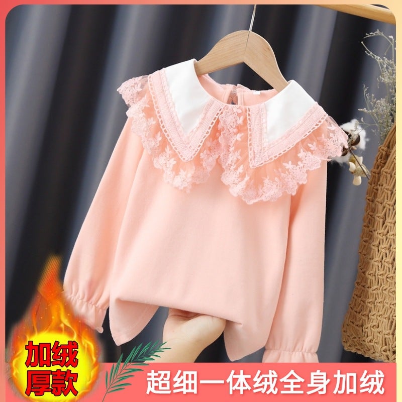 Girls Doll Collar Base Shirt Spring and Autumn Inner Long Sleeve T-Shirt Baby Cotton White Lace Top 4 - Image 1