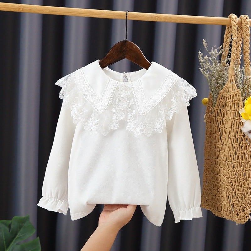 Girls Doll Collar Base Shirt Spring and Autumn Inner Long Sleeve T-Shirt Baby Cotton White Lace Top 4 - Image 2
