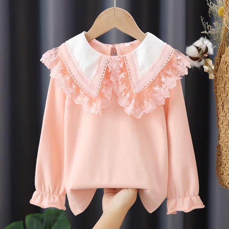 Girls Doll Collar Base Shirt Spring and Autumn Inner Long Sleeve T-Shirt Baby Cotton White Lace Top 4 - Image 3