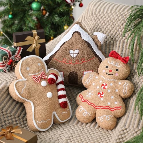 Vicenpal 3 Pcs Christmas Throw Pillows Plush Teddy Sherpa Gingerbread Men Gingerbread House Shaped Christmas Decorative Pillows for Winter Holiday Party Outdoor Bedroom Cushion Decoration - Image 1