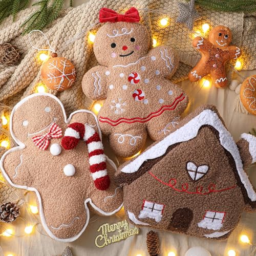 Vicenpal 3 Pcs Christmas Throw Pillows Plush Teddy Sherpa Gingerbread Men Gingerbread House Shaped Christmas Decorative Pillows for Winter Holiday Party Outdoor Bedroom Cushion Decoration - Image 3