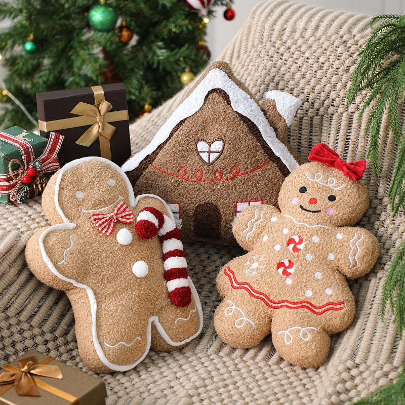 Vicenpal 3 Pcs Christmas Throw Pillows Plush Teddy Sherpa Gingerbread Men Gingerbread House Shaped Christmas Decorative Pillows for Winter Holiday Party Outdoor Bedroom Cushion Decoration - Image 2