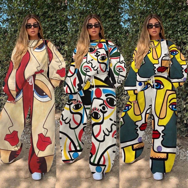 autumn women's fashion 2021 autumn new pop print color contrast loose two-piece set - Image 2