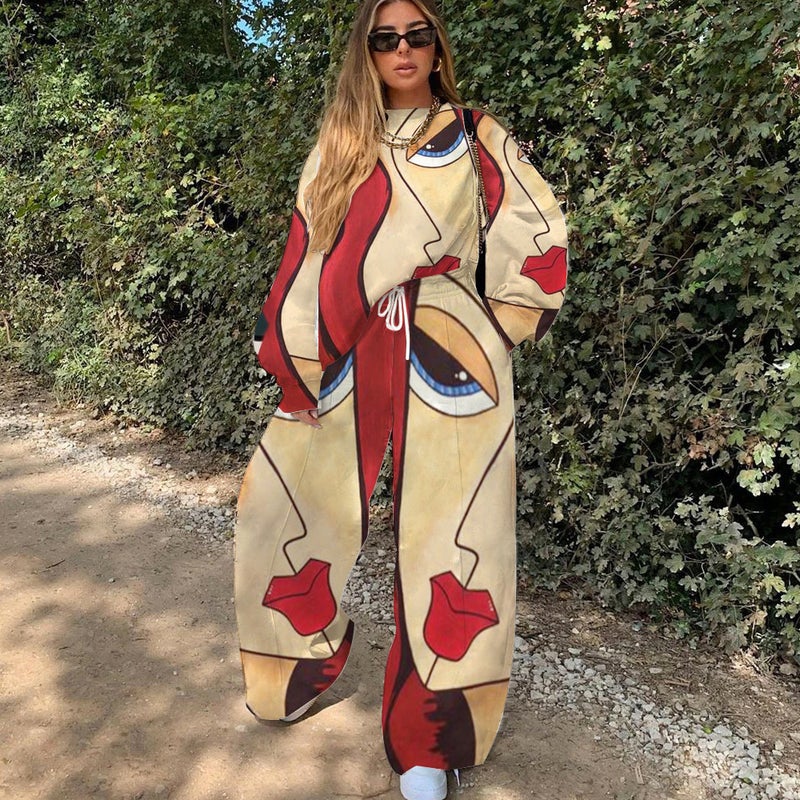 autumn women's fashion 2021 autumn new pop print color contrast loose two-piece set - Image 5