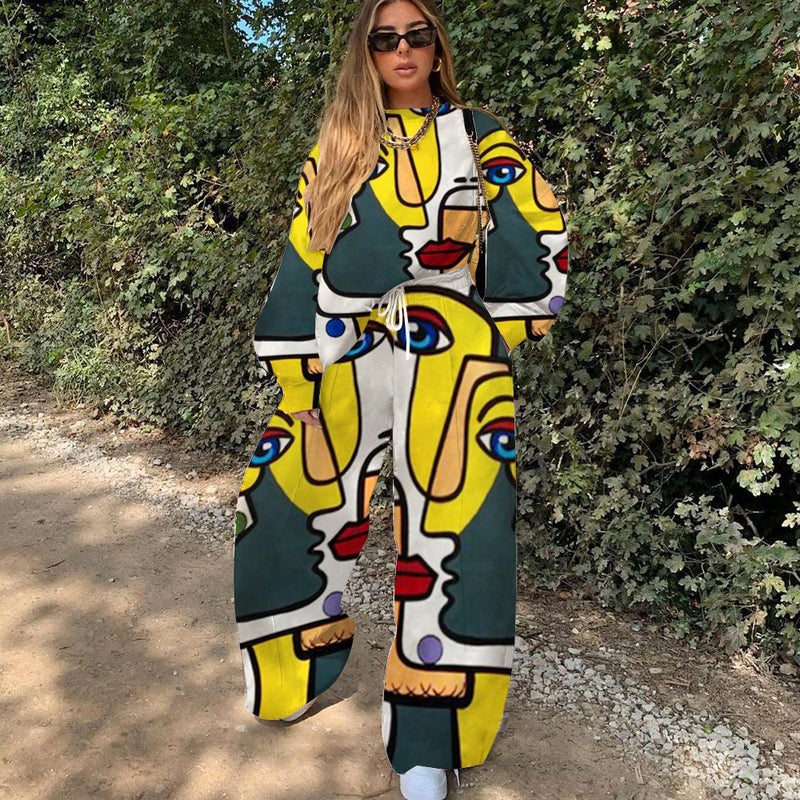 autumn women's fashion 2021 autumn new pop print color contrast loose two-piece set - Image 3