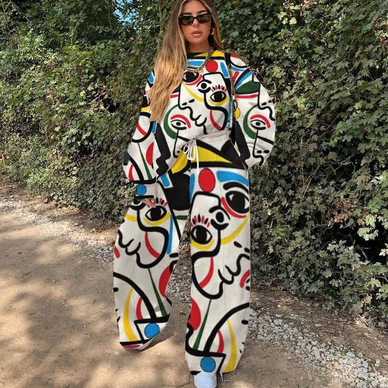 autumn women's fashion 2021 autumn new pop print color contrast loose two-piece set - Image 4