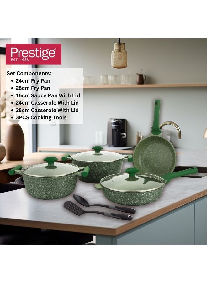 Prestige - Prestige Essentials Nonstick Pots and Pans Set | Induction Cookware Set 11 Pieces | Non Stick Set Combo | Granite Cooking Set | Fry Pan Non Stick Combo Set - Green - Image 1
