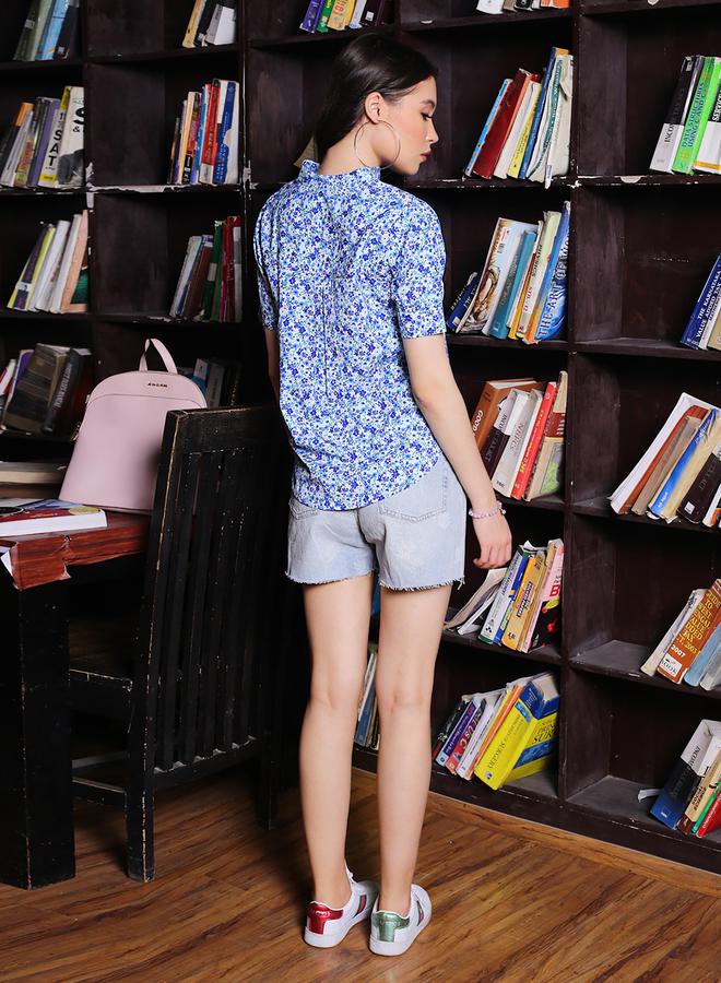 سيرا بلوزة سيرا بطبعة الزهور وياقة ماندرين بأكمام قصيرة - Image 3