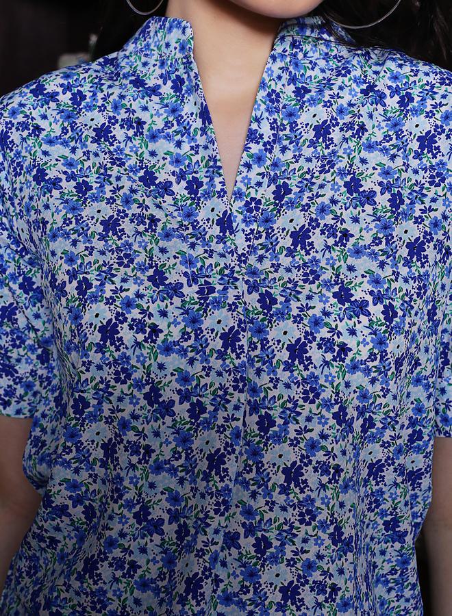 سيرا بلوزة سيرا بطبعة الزهور وياقة ماندرين بأكمام قصيرة - Image 4