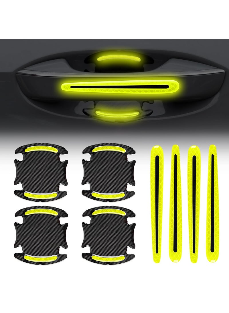 8pcs Car Door Handle Paint Scratch Protector Sticker Universal 3D Carbon Fiber Auto Door Handle Scratch Cover Guard Protective Film Pad with Safety Reflective Strips (Green) - Image 1